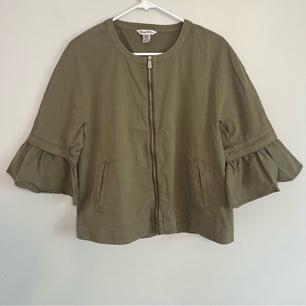 Tommy Bahama Callie Chino Jacket Bell Sleeve Full Zip Sz M Olive Green Boho